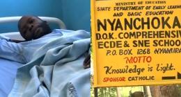 Photo collage of a JSS teacher in hospital and a Signage of Nyanchoka DEB in Nyamira County.
